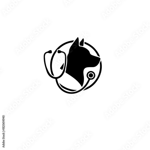 Monochrome icon featuring a stethoscope encircling a dog or cat silhouette, symbolizing veterinary care, animal check-ups, and the role of the veterinarian