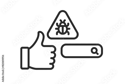 Successful security search concept with thumbs up and warning bug symbols