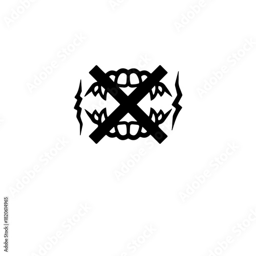 Monochrome icon of an animal bite or scratch mark with a large cross or prohibition sign, emphasizing bite prevention and contact avoidance for safety