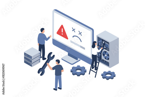 Team of technicians fixing a critical computer system error and performing hardware maintenance