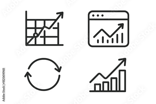 Minimalist business and finance line icons showing upward trending charts and circular loop symbol