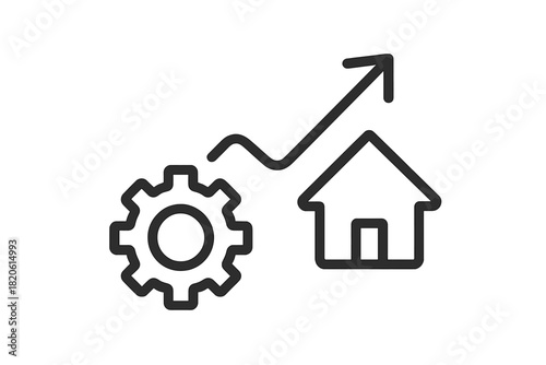 Real estate market growth and property management optimization process represented by gear and upward arrow