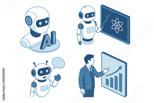 Isometric robots presenting scientific data and business analysis charts