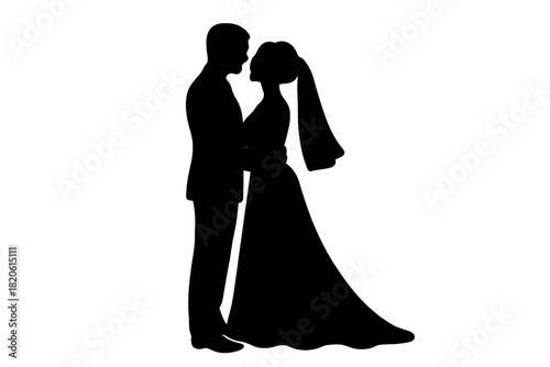 Silhouette of bride and groom embracing tenderly on their wedding day
