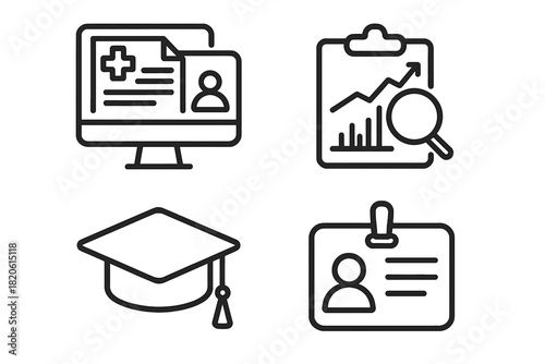Outline icons for professional development, data analysis, and personal identification services