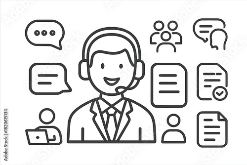 Customer service representative with headset surrounded by communication and support icons