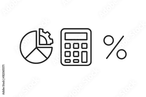Set of business analysis and financial calculation icons with pie chart, calculator, and percentage symbol
