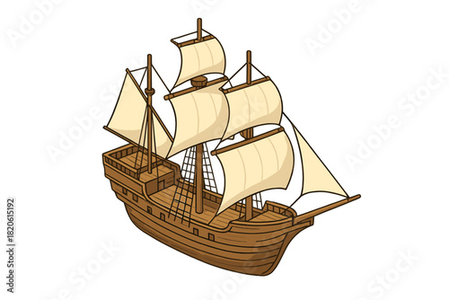 Classic wooden sailing ship with three masts and full sails isolated on white background