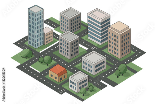 Isometric city block layout with residential and commercial buildings, roads, and green parks