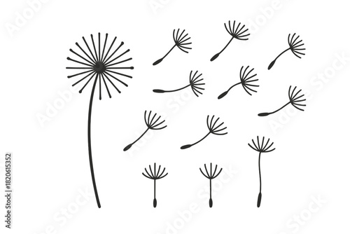 Minimalist black silhouette of a dandelion puffball with seeds floating in the air