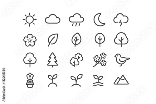 Collection of minimalist line icons representing nature environment weather and ecology elements