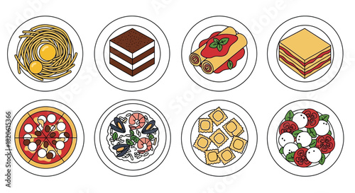 Delicious Italian food assortment, from pasta and pizza to dessert and salad.