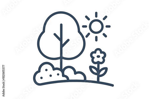 Sunny day in a park featuring a large tree, bushes, and a blooming flower