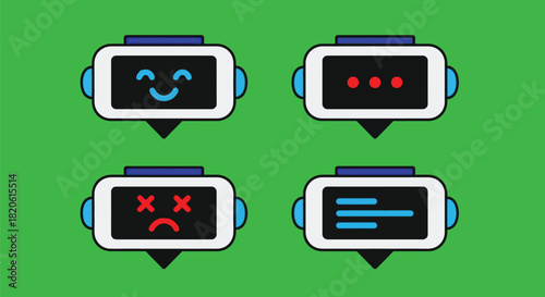 Four diverse chatbot icons showing different emotions and functions on a green background