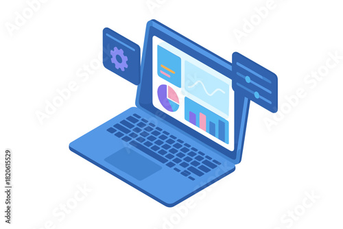 Isometric laptop displaying data analysis dashboard with floating settings panels for business configuration