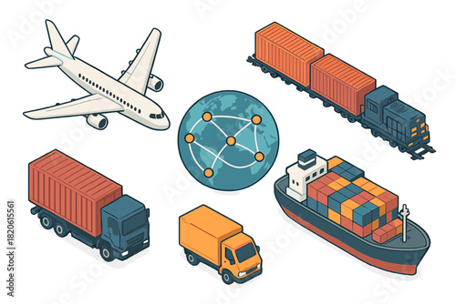 Isometric cargo vehicles and worldwide network connections representing global logistics and transportation