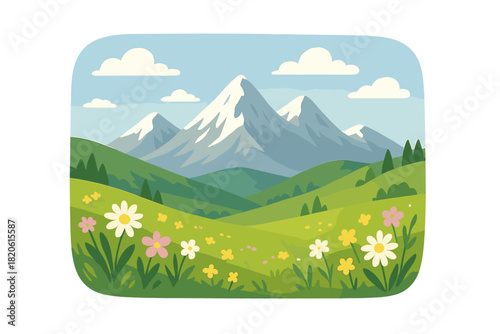 Scenic mountain landscape with snow-capped peaks, rolling green hills, and blooming wildflowers