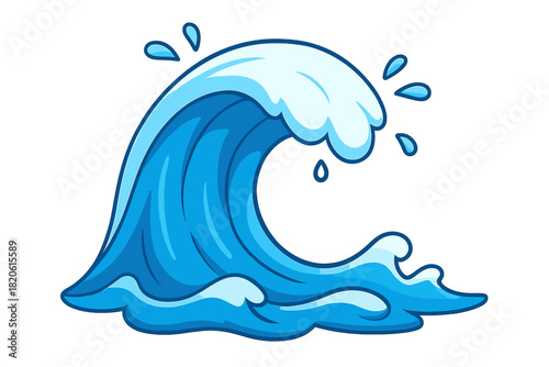 Vibrant stylized cartoon large breaking ocean wave with splashing water drops
