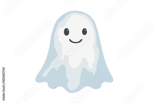 Cute friendly white ghost character smiling with rosy cheeks on white background