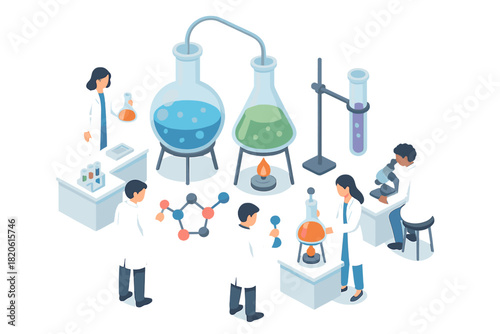 Scientists conducting chemical experiments in a laboratory with glass flasks and reactions