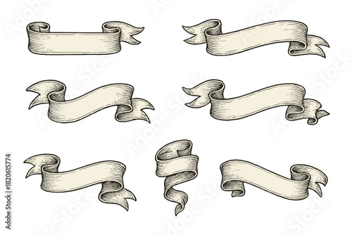 Seven vintage engraved ribbons and banners for text decoration and announcement