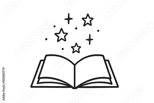 Open book with magical stars and sparkles rising from the pages representing fantasy and knowledge