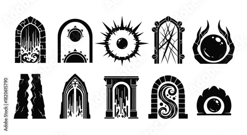 Set of fantasy portal icons black and white vector illustration