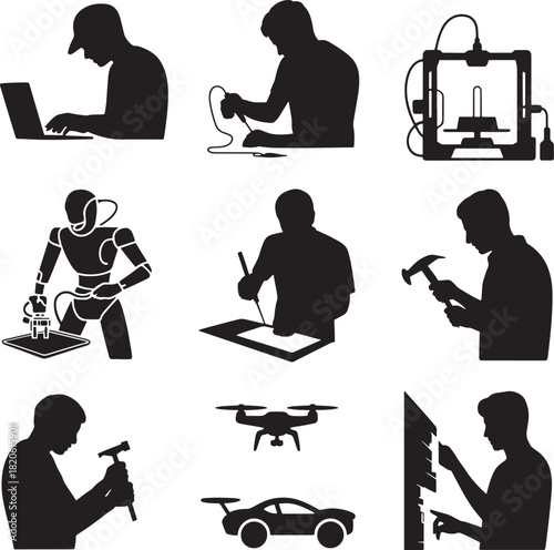 Silhouettes of people with technical occupation activity related icons vector