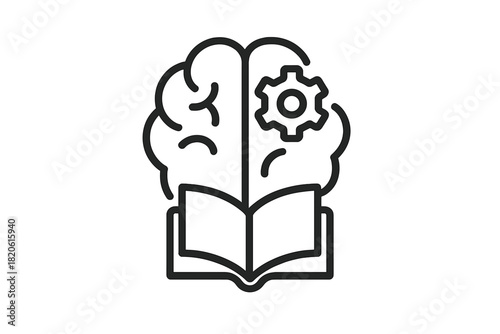 Brain resting on an open book with a gear symbolizing knowledge and cognitive development