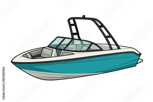 Modern wakeboard boat with tower and windshield isolated on white background for water sports