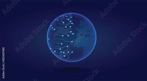 Global technology innovation represented through futuristic glowing cyber chip sphere illustration