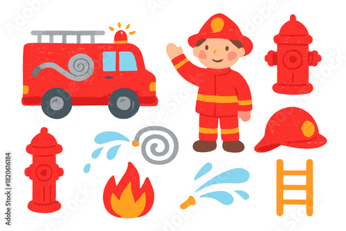 Adorable firefighter character and emergency rescue equipment in crayon style