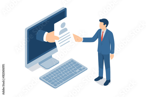 Businessman receiving an online job application form from a computer screen during the digital hiring process