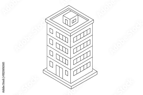 Simple black outline of a generic modern high-rise building in isometric view