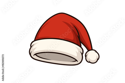 Classic red Santa Claus hat with white fur trim and pompom isolated on white background