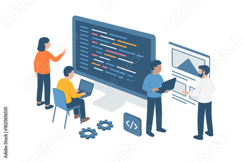 Programmers and designers collaborating on software development and website optimization