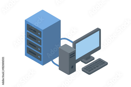 Isometric view of a desktop workstation connected to a large network server cabinet