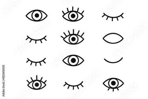 Minimalist open and closed eye symbols with eyelashes in simple line art style for spiritual and beauty concepts