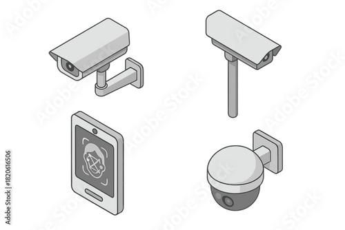 Isometric set of security cameras and mobile phone displaying facial recognition technology data