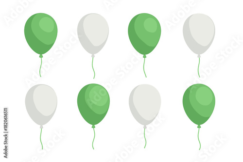 Eight glossy party balloons floating in a pattern with alternating green and white colors