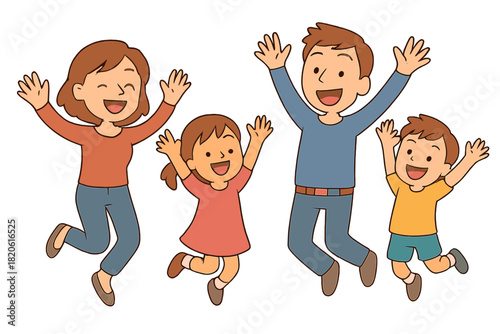 Happy family of four jumping together with arms raised in excitement and joy