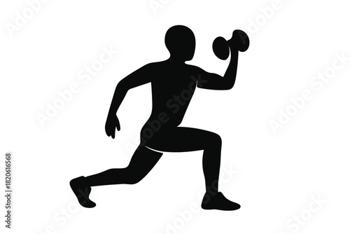 Person performing lunge exercise with overhead dumbbell lift silhouette