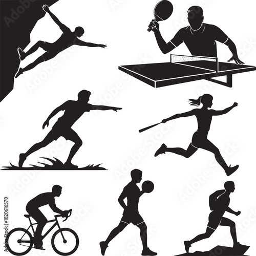 Sports activities silhouettes illustration of tennis ping pong climbing vector set