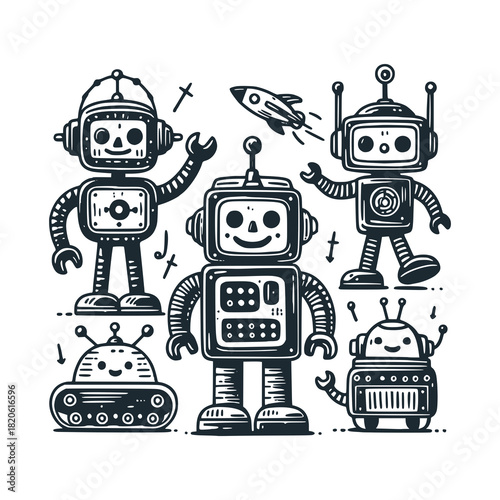 Children's line scribble of playful vintage tin robot
