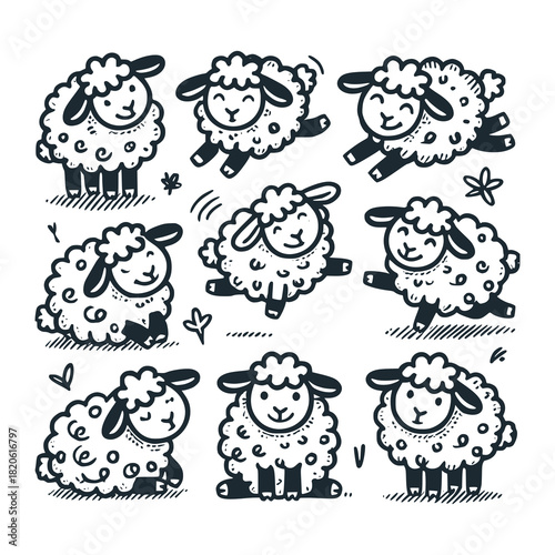 Children's line scribble of playful cute sheep