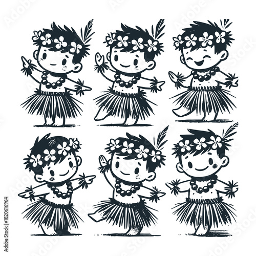 Children's line scribble of playful hawaiian kids