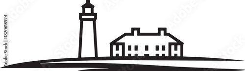 Stylized vector line art of lighthouse with building on island silhouette icon