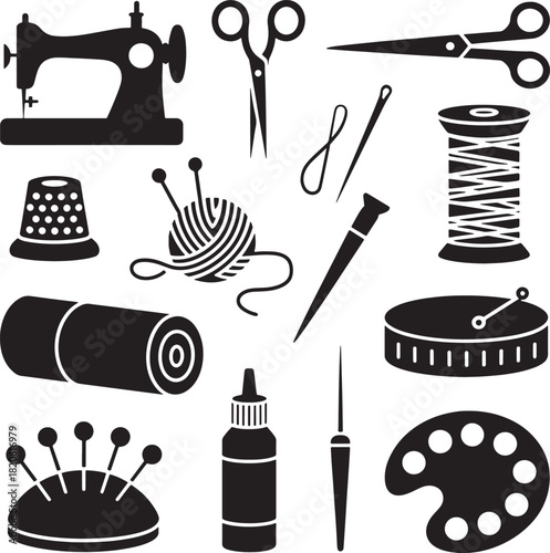 Tools for tailoring as sewing machine scissors needle yarn spool thimble measuring tape