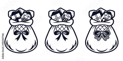 Three gift bags filled with presents are depicted in a row.