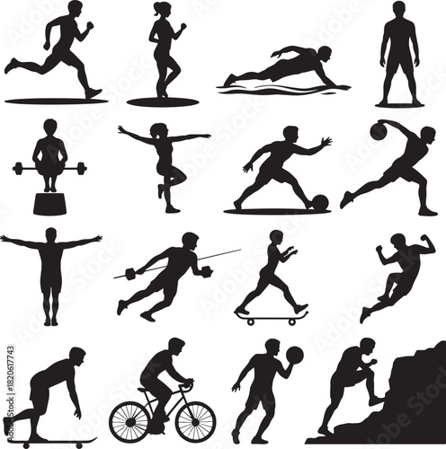 Various sports people silhouettes running, swimming, playing soccer, skateboarding, etc
